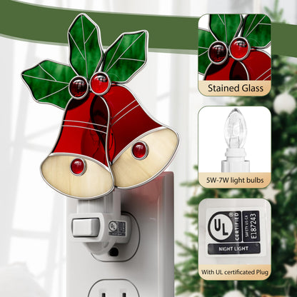 KUNDGLA Night Lights Plug into Wall Christmas Red Bell Stained Glass Night Light Plug in 7W Dusk Warm White Light Switch-On/Off for Adult Kids Room Bathroom Home Decor Gifts for Mom Grandkids