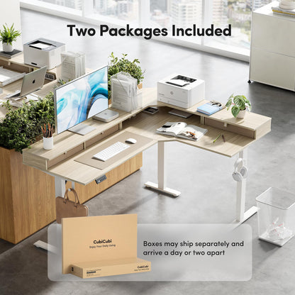 CubiCubi 63x48 Inches L Shaped Standing Desk with 3 Drawers and Monitor Shelf, Height Adjustable Corner Computer Desk with Hooks, Sit Stand Up Ergonomic Home Office Workstation Table, Light Walnut
