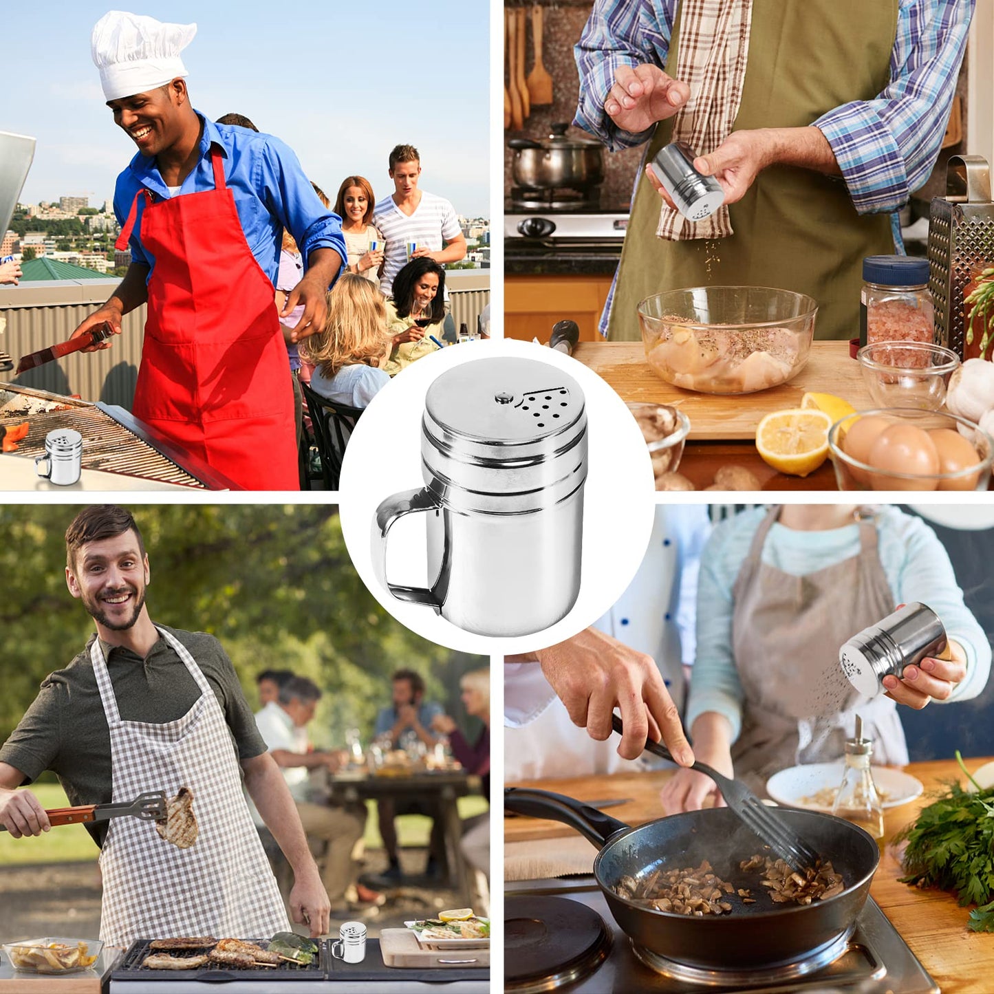 3Pcs Seasoning Bottle with Handle Stainless Steel Dredge Shaker Rub Spice with Holes Powdered Sugar Shaker with Lid Shaker Cooking Rotatable Cover for Spice Salt Shaker Dispenser