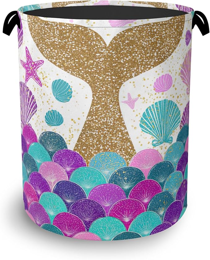 Fish Scales Laundry Basket, Mermaids Seashell Foldable Oxford Cloth Tote Bag