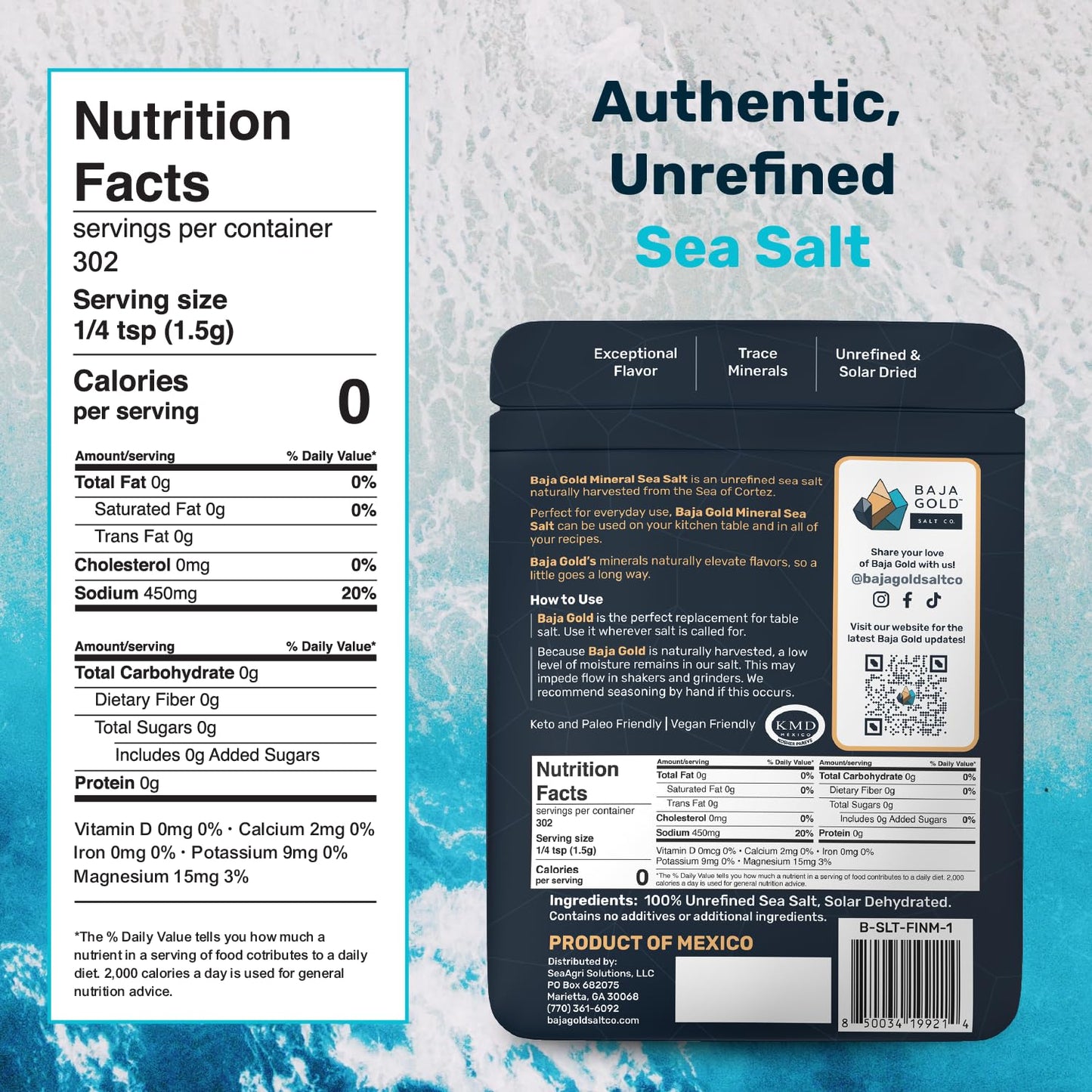 Baja Gold Signature Mineral Sea Salt - Recommended by Gary Brecka - Authentic Fine Grind Salt for Cooking & Baking | Natural Baja Salt for Culinary Uses | Great for Finishing Dishes | 1 lb. Resealable Bag, 300+ Servings