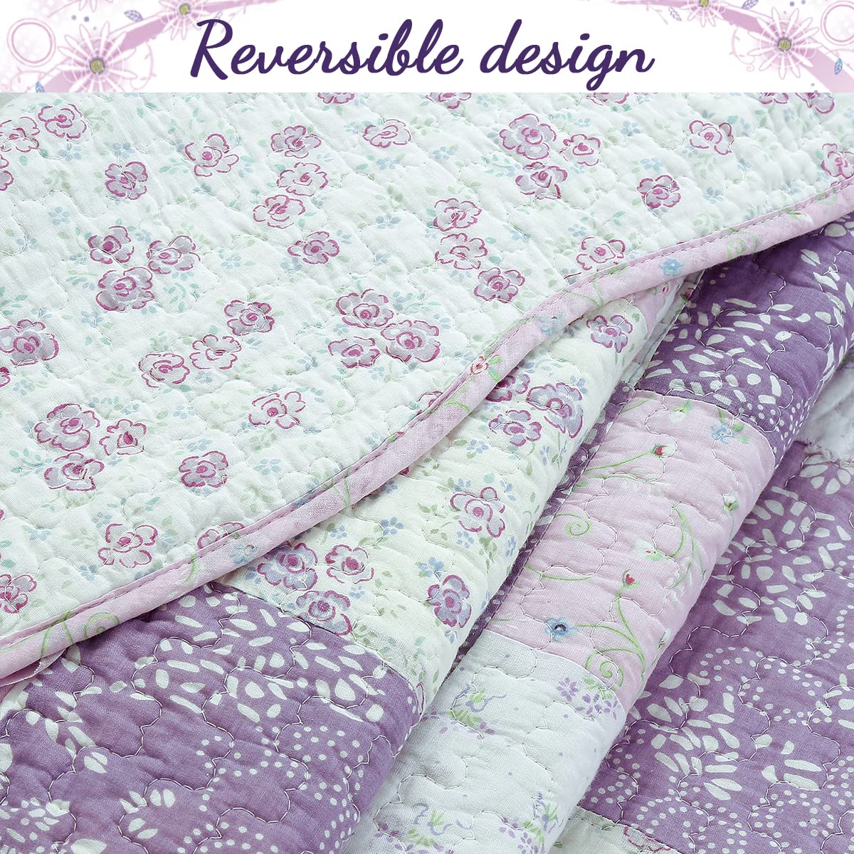 Cozy Line Home Fashions 100% Cotton Hand Pieced Real Patchwork Floral Scalloped Edge Country Quilt Bedding Set, Reversible Coverlet Bedspread for All Seasons (Love of Lavender, Queen - 3 piece)