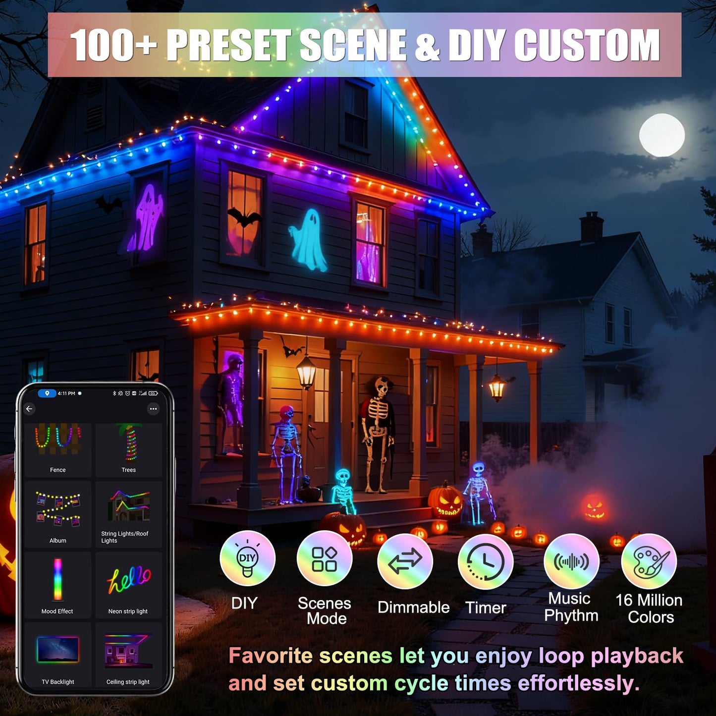 Permanent Outdoor Lights, ASTRAEA 100ft RGBW Smart Eaves Lights with APP & Remote Control, IP67 Waterproof LED Roof Lighting, DIY Scenes Modes for House Roof Decor, Christmas, Party, Holiday and Daily
