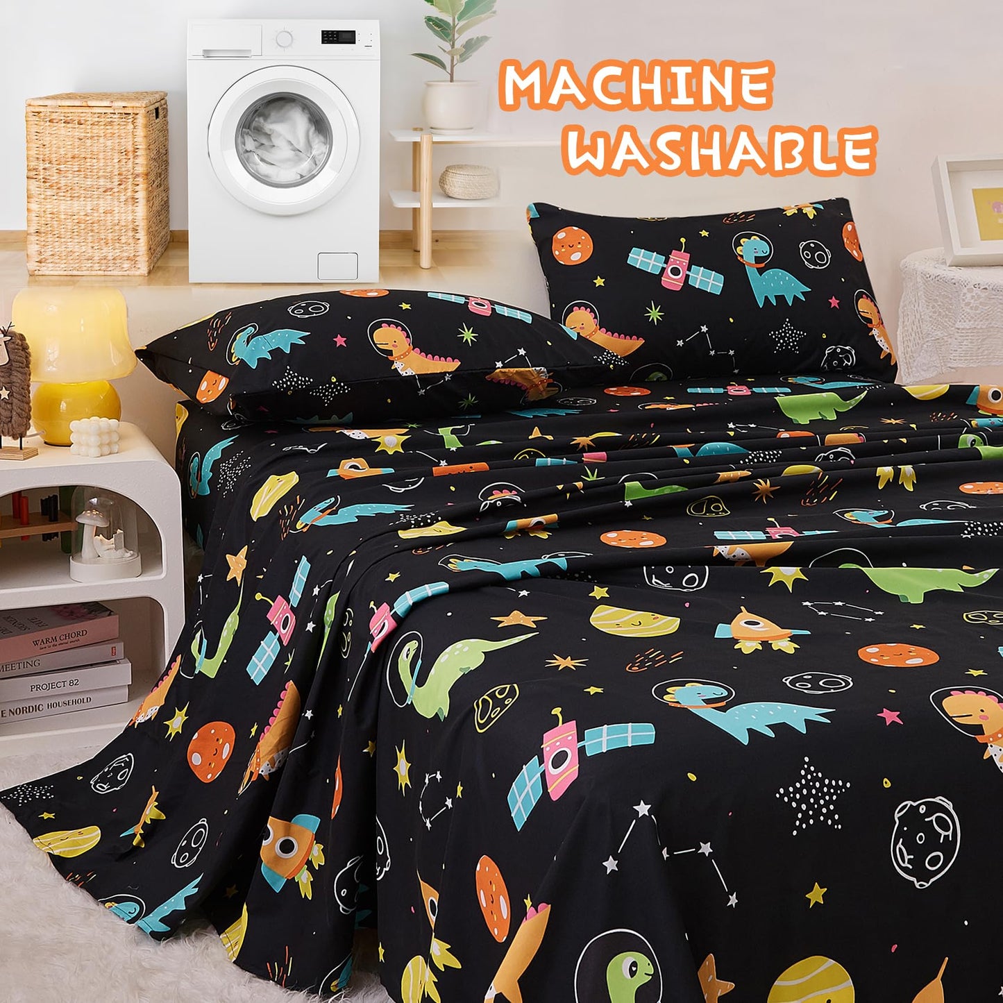 Yibeizi Space Dinosaur Full Size Sheet Set for Boys, Kids Cute Planet Printed Microfiber Bedsheet Deep Pocket Bedding Sheets & Pillowcases 4 Pieces