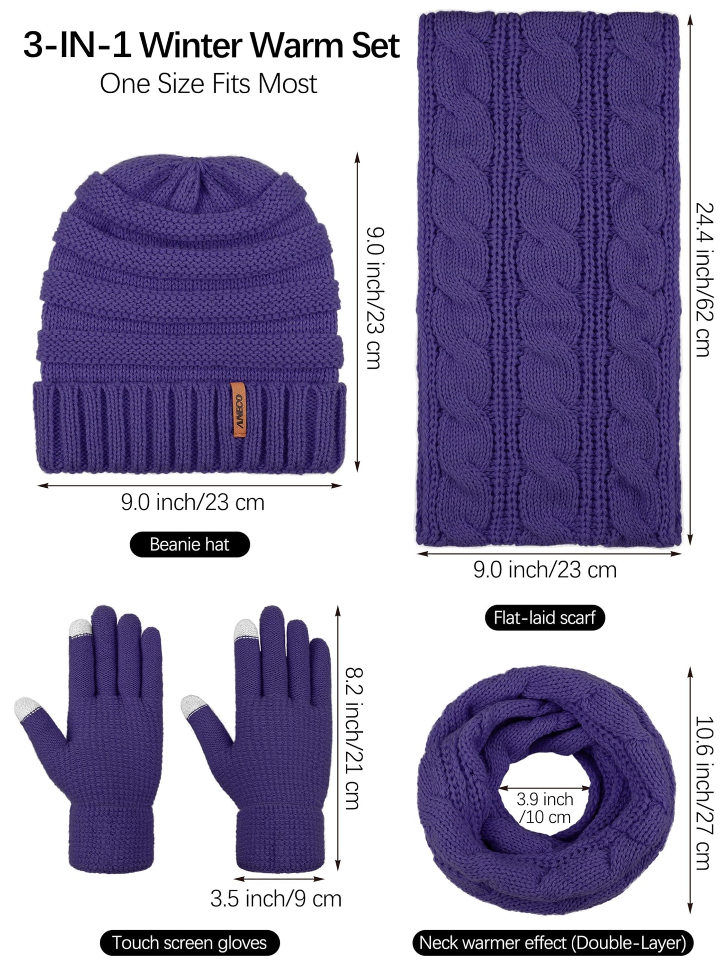 Aneco Winter Warm Knitted Scarf Beanie Hat and Gloves Set Men & Women's Soft Stretch Hat Scarf and Mitten Set