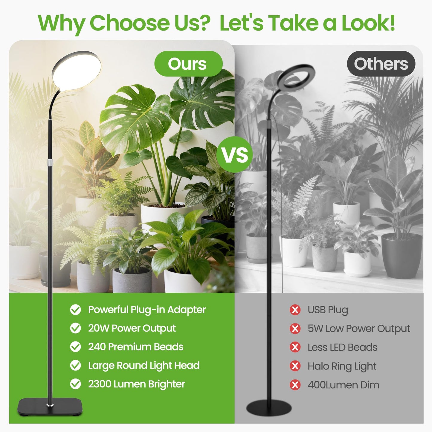 MistyJungle 20W Full Spectrum Grow Light for Indoor Plants, 63in Adjustable Floor Lamp with Gooseneck, 4000K Natural Sunlike Light, 3/9/12H Auto On/Off Timer, 10-Level Dimmable for Tall Small Plants