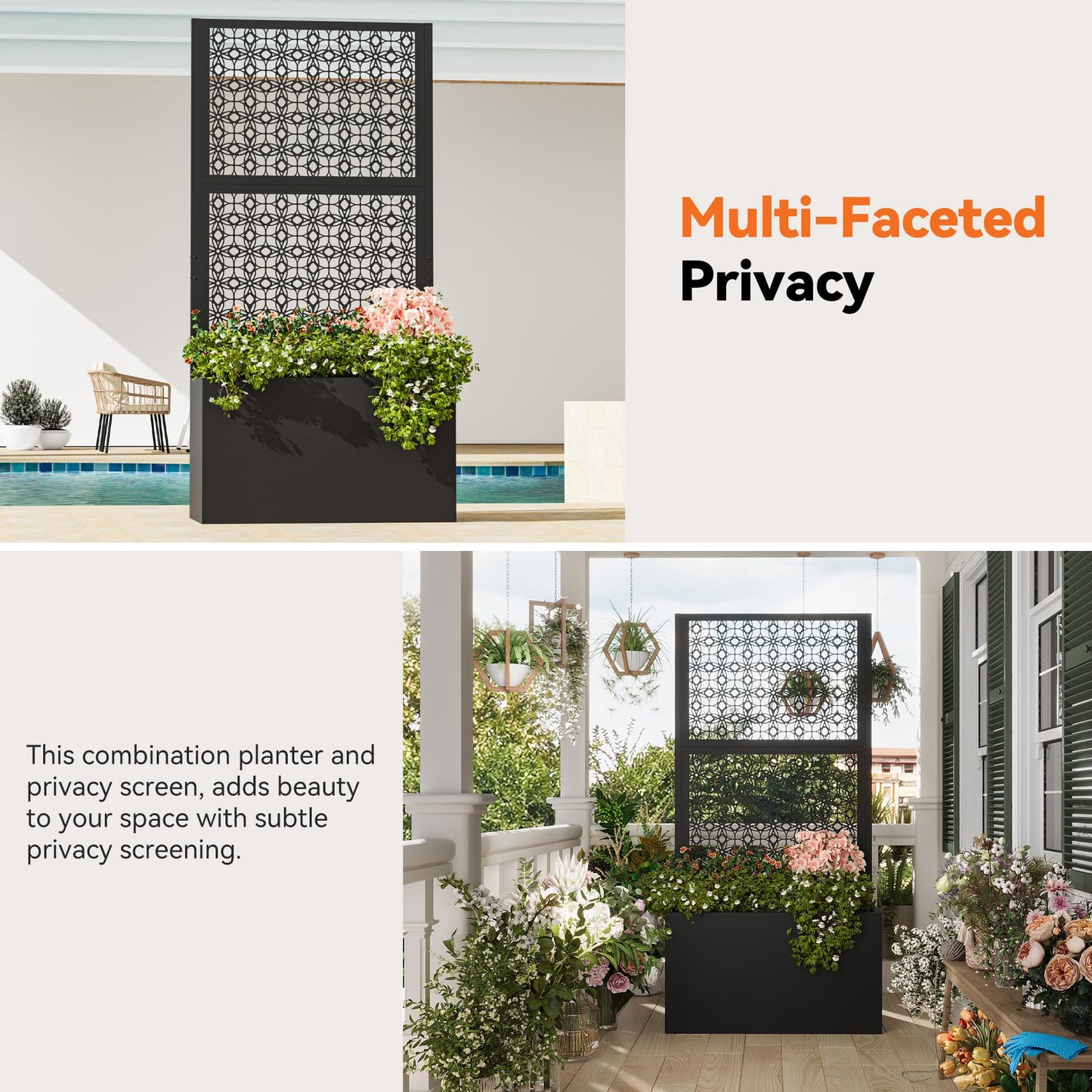 Modern Shade Metal Planter Box with Trellis Privacy Screen, 6x3 FT Large Raised Garden Bed, Multi-Functional Privacy Screen Outdoor with Drainage Holes for Climbing Plants, Petal Weave