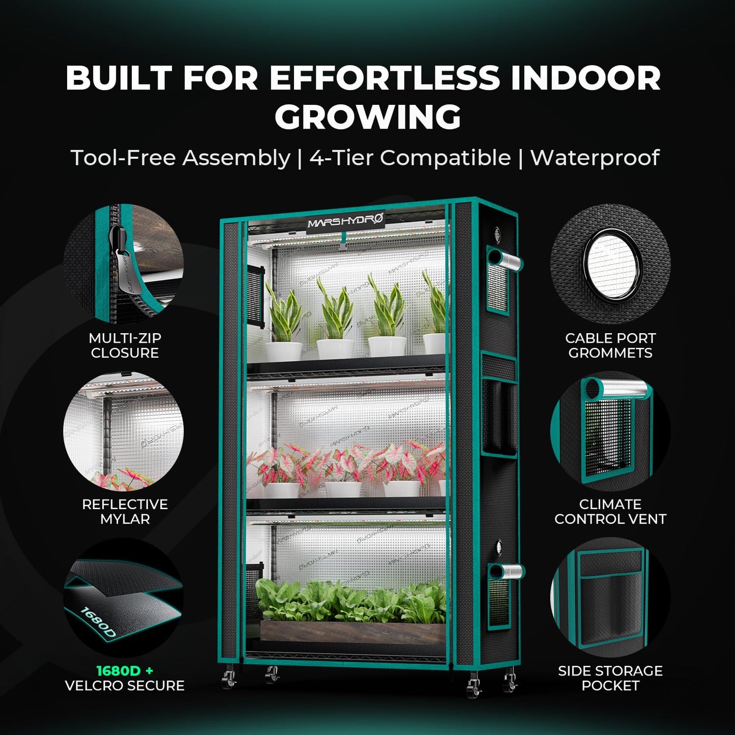 MARS HYDRO 2025 Plant Stand with Grow Lights 4-Tier Plant Shelf with 6 Full Spectrum LED Lamps (54W, 12‘’) & Grow Tent Mini Greenhouse for Vegetables, Seedlings, Plant Growth 5000K, 16x12x47''
