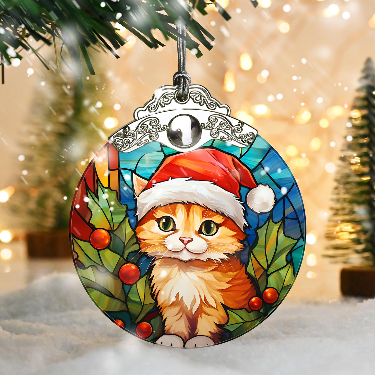 Cat Christmas Ornament, Jocidea Stained Glass Ornaments for Christmas Tree, Christmas Tree Decorations, Cat Lovers Gifts, Holiday Decor and Xmas Gifts Ideas