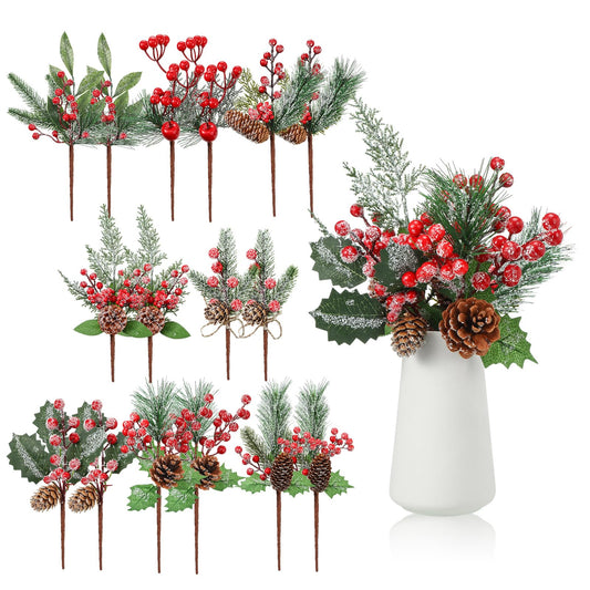 Cindeer 16 Pieces Christmas Artificial Pine Picks, 11 Inch Assorted Red Fruit Floral Picks Stems Berry Holly Berry Branches Pine Picks and Sprays for Xmas Floral Tree Christmas Wreath Winter Holiday