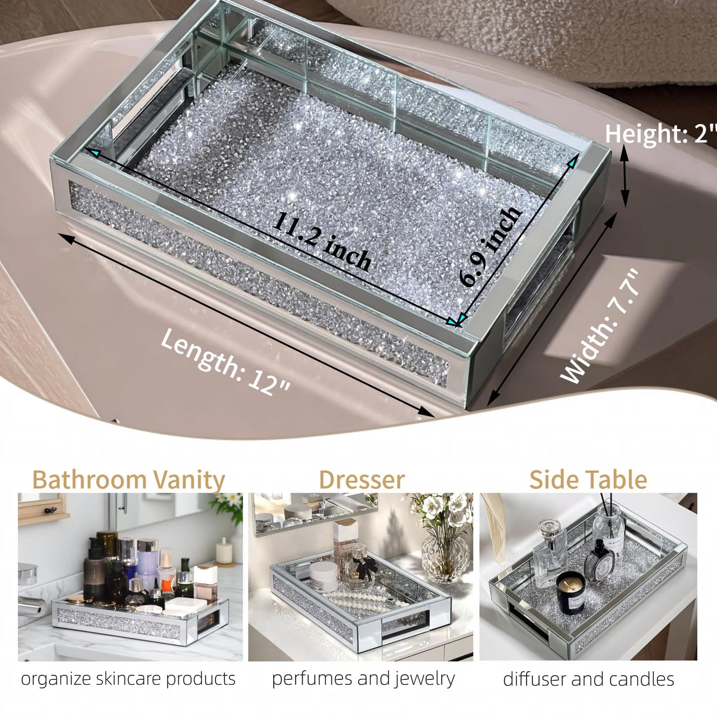 joyshiny Rectangle Glass Tray with Handles for Dresser, Mirror Makeup Organizer Perfume Display, Crushed Diamond Home Decor Accent for Vanity, Living Room Tables, Silver(12”x7.7”x2”)