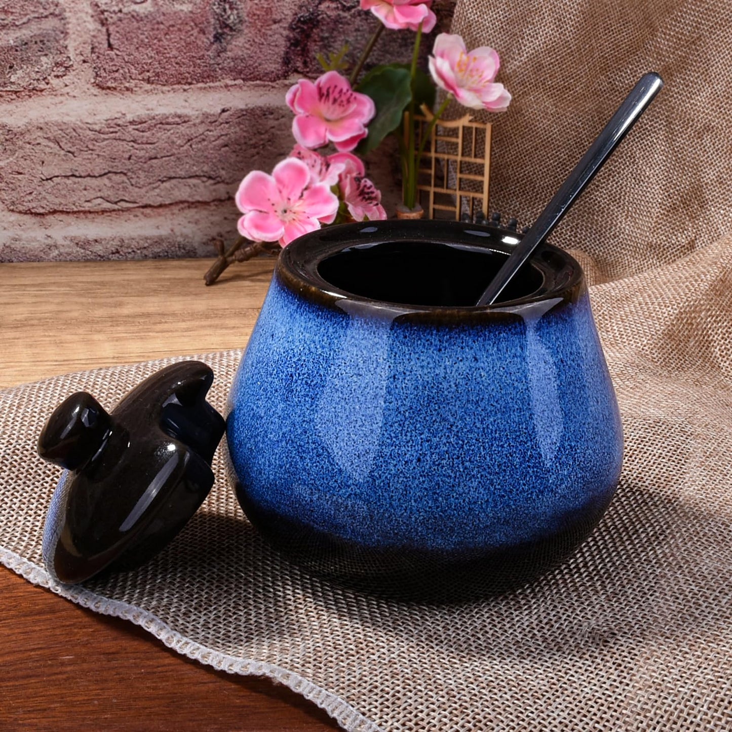 BOSILI Ceramic Sugar Bowl Set of 2, Reactive Glaze Sugar Containers with Lids and Stainless Steel Spoons, Kitchen Canisters for Sugar, Spices, Coffee and Tea