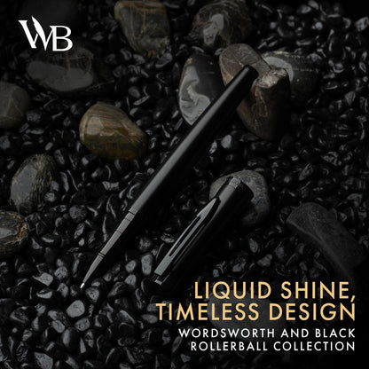 Wordsworth and Black Rollerball Pen - Luxury Pen - All Black Lacquer Finish, Ink Refill, Refillable Gift for Men & Women, Professional Writing, Nice and Fancy Pens and for Work