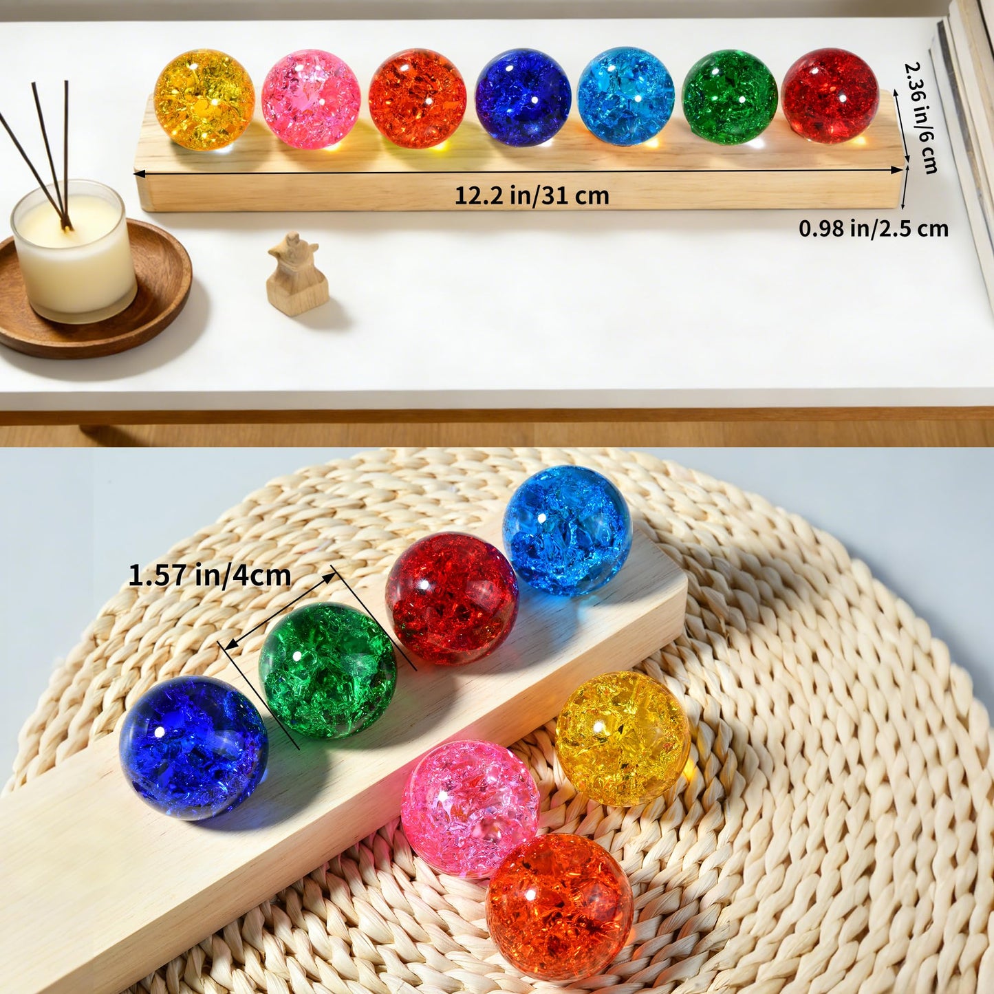 7 Chakra Crackle Crystal Ball with LED Stand, 40mm Natural Healing Stones for Meditation Reiki Energy Balance, Spiritual Decor Glass Sphere Lamp Night Light Gifts