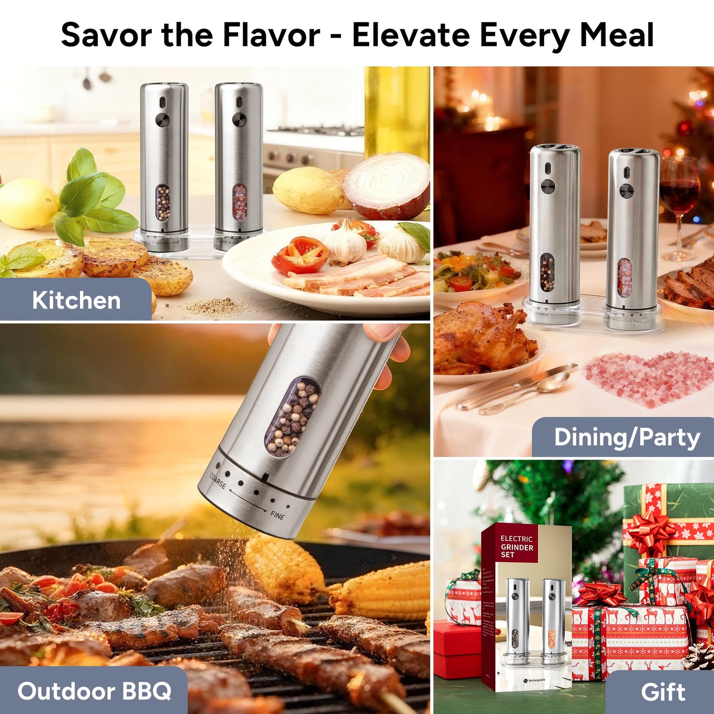 Rechargeable Electric Salt and Pepper Grinder Set with 6 Adjustable Coarseness, Large Capacity, LED Light, Stainless Steel Automatic Pepper Mill - BBQ Accessories, Cooking Gift for Dad, Men Women
