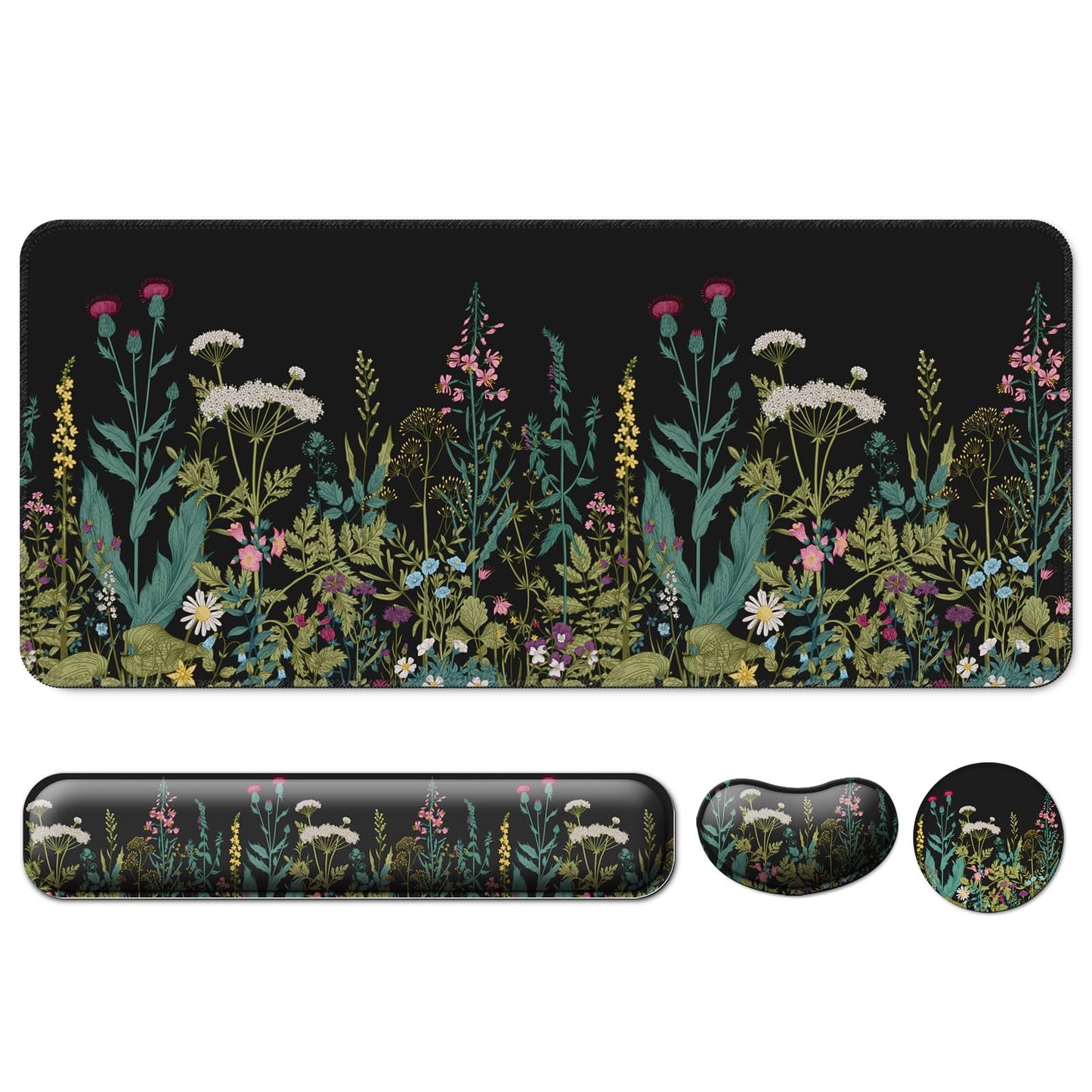 Keyboard Wrist Rest + Mouse Pad with Wrist Support + Desk Mat + Coaster 4 in 1 Set, XXL Large Gaming Mousepad Cute Ergonomic Mouse Pads for Desk Computer Laptop Office Decor-Little Flowers