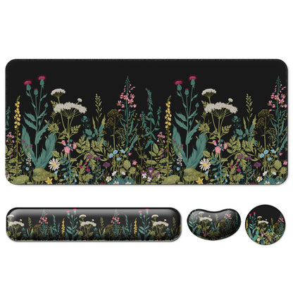 Keyboard Wrist Rest + Mouse Pad with Wrist Support + Desk Mat + Coaster 4 in 1 Set, XXL Large Gaming Mousepad Cute Ergonomic Mouse Pads for Desk Computer Laptop Office Decor-Little Flowers