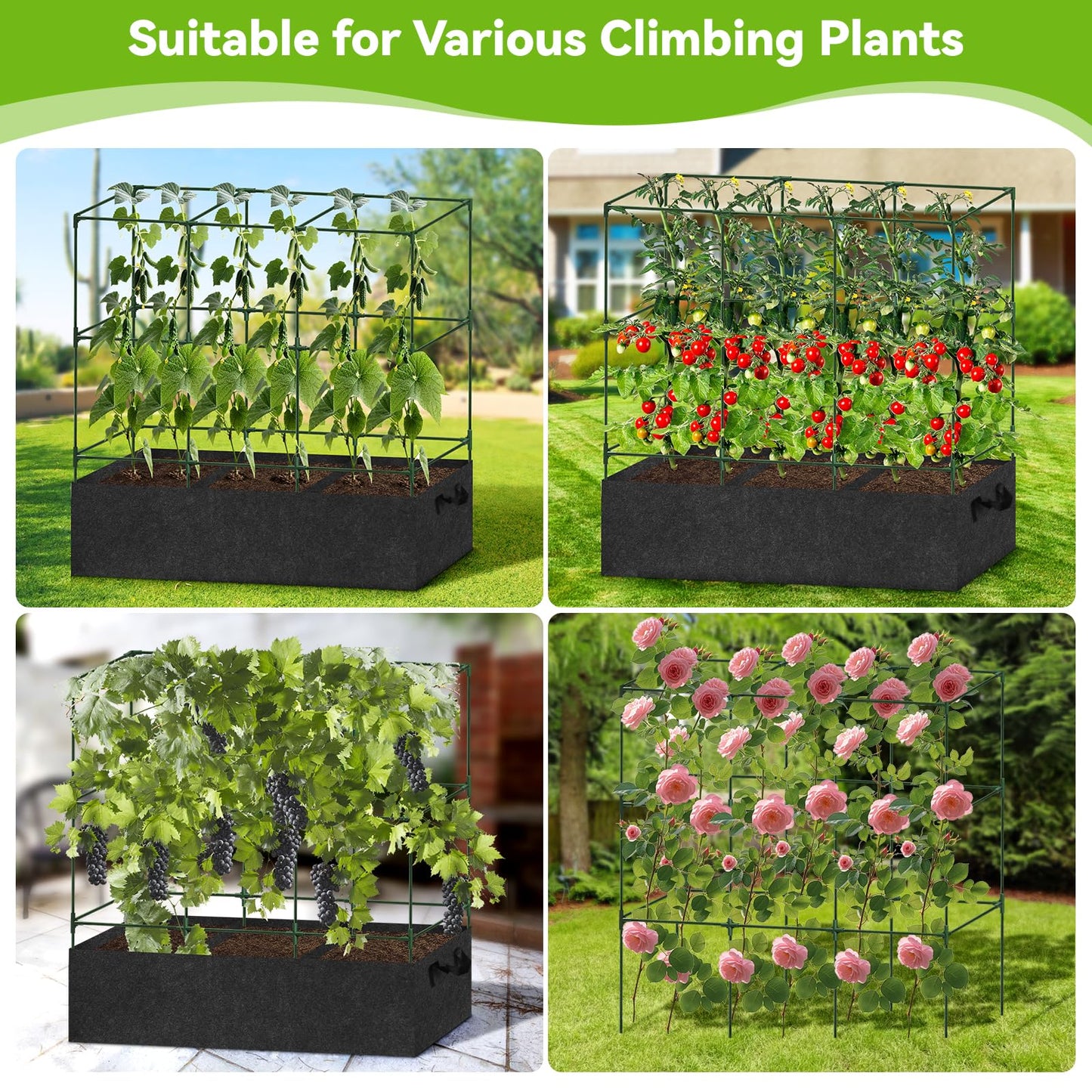 51x17x65Inch Tomato Cage with 46 Gallon Grows Bag, Squar Outdoor Indoor Greenhouse Cucumber Trellis, Garden Trellis with Plant Support Clips for Climbing Plants Squash, Vegetables, Pumpkin, Pea, Grape