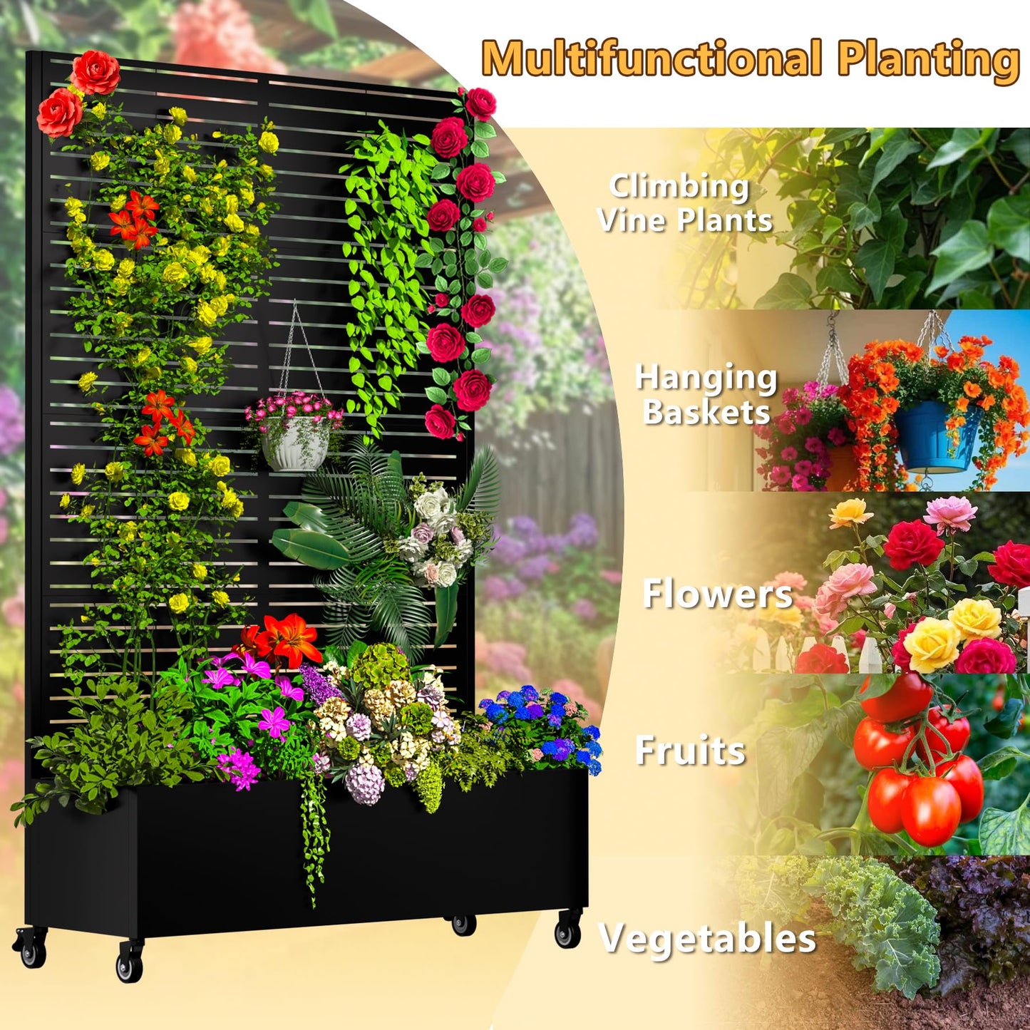 MTART Metal Planter Box with Trellis Outdoor, 72"x47"x16" Galvanized Raised Garden Bed with Privacy Screen & Drainage Holes & Lockable Casters for Climbing Plants, Vegetable, Vines (Louvered-Black1)