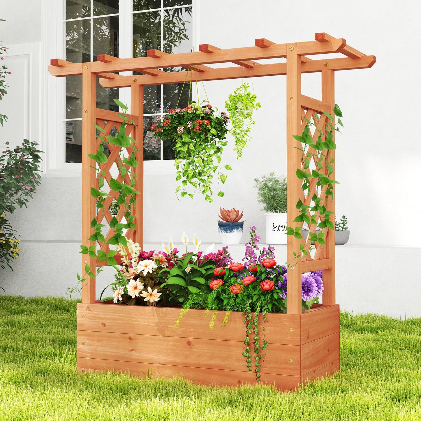 HAPPYGRILL Raised Garden Bed with Trellis, Freestanding Wood Planter Box w/Hanging Roof & 4 Drainage Holes for Vine, Climbing Plants, Flowers, Outdoor Planter with Trellis for Garden, Patio, Yard