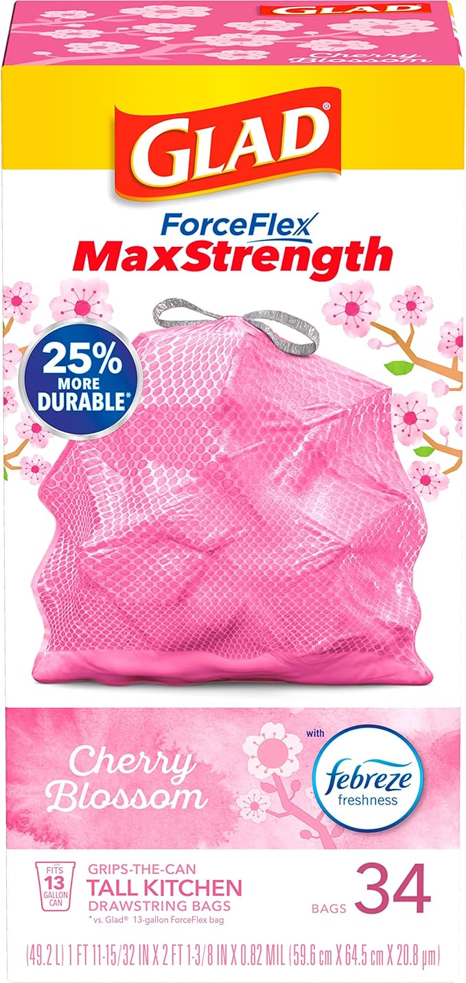 Glad Tall Kitchen Trash Bags 13 Gallon, MaxStrength Cherry Blossom Garbage Bags
