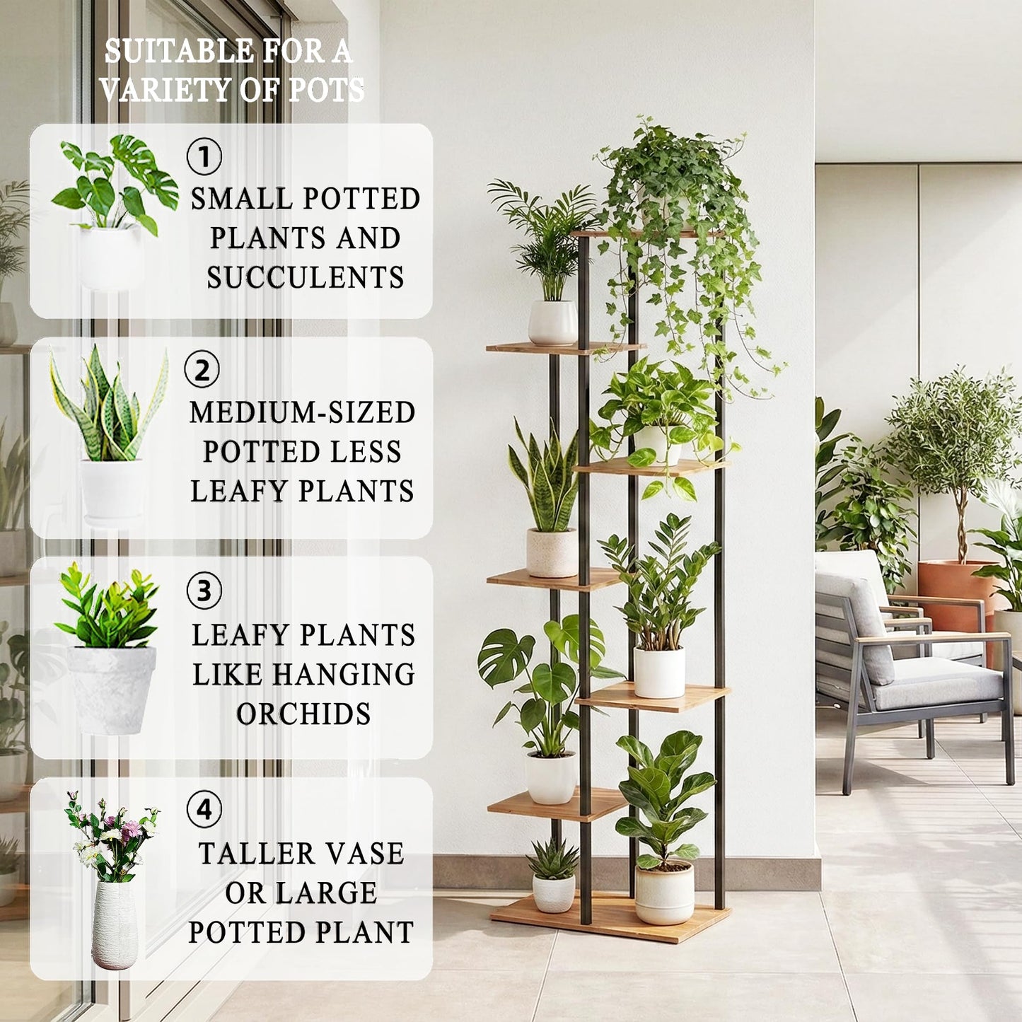 JEPRECO Plant Stand Indoor 7 Tier 8 Potted Metal Wood Plant Shelf, Multiple Flower Pots Corner Tall Plant Holder Stands for Living Room Balcony Bedroom, Rustic Brown