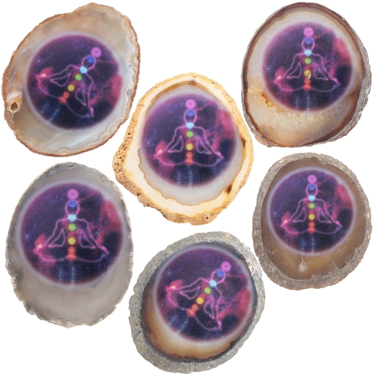 Nupuyai 7 Chakra Healing Agate Slice Yoga Prints with Wooden Stand Irregular Crystal Geode Agate Stone Art Decor for Home Office Tabletop, Purple