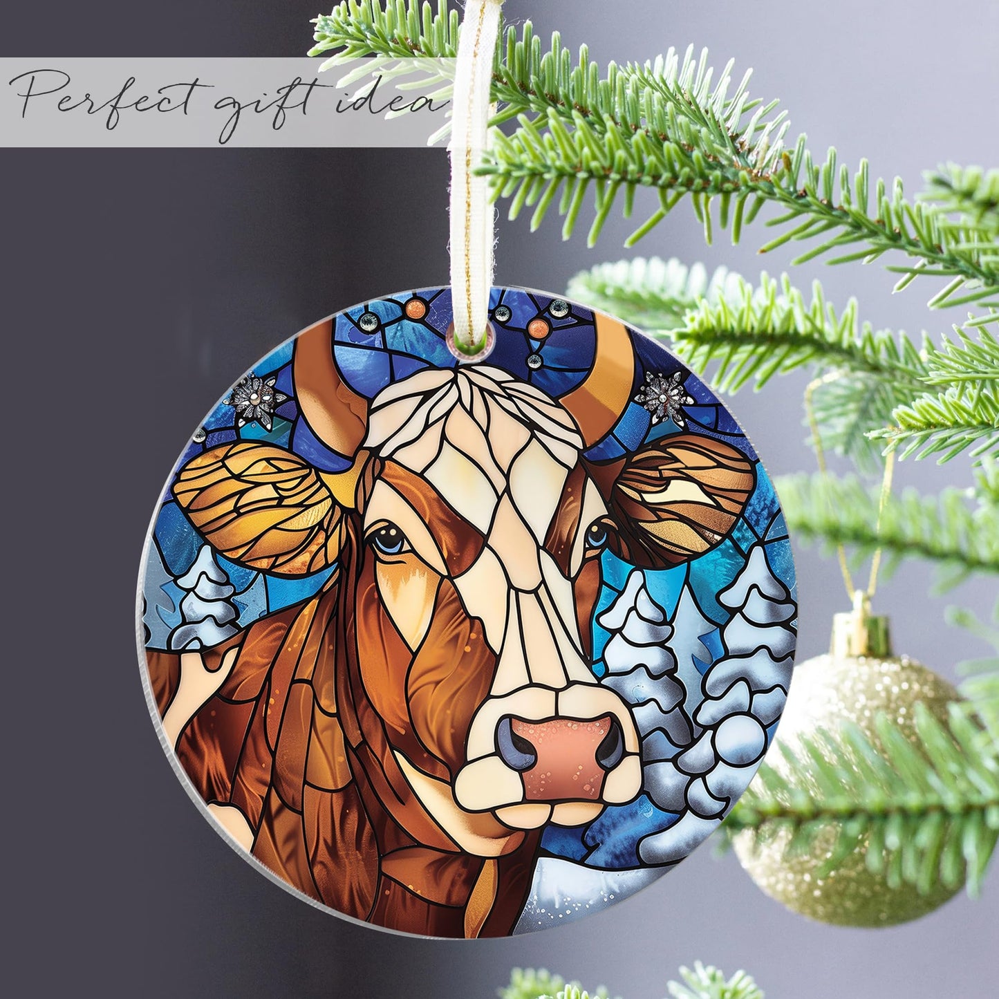 Fastpeace Dairy Cow Christmas Ornament - Stained Glass Style Cow Ornament - Perfect Hanging Decoration for Christmas Tree - Gift for Family, Friends (Cow Acrylic)