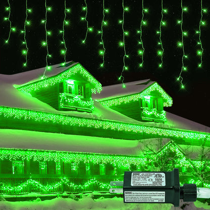 oopswow 33FT 300 LED Icicle Christmas Lights,Waterproof 8 Modes Plug in Curtain Lights with 50 Drops,Green Christmas String Lights for Indoor&Outdoor,Wedding,Party,Bedroom,Home,Wall Decorations