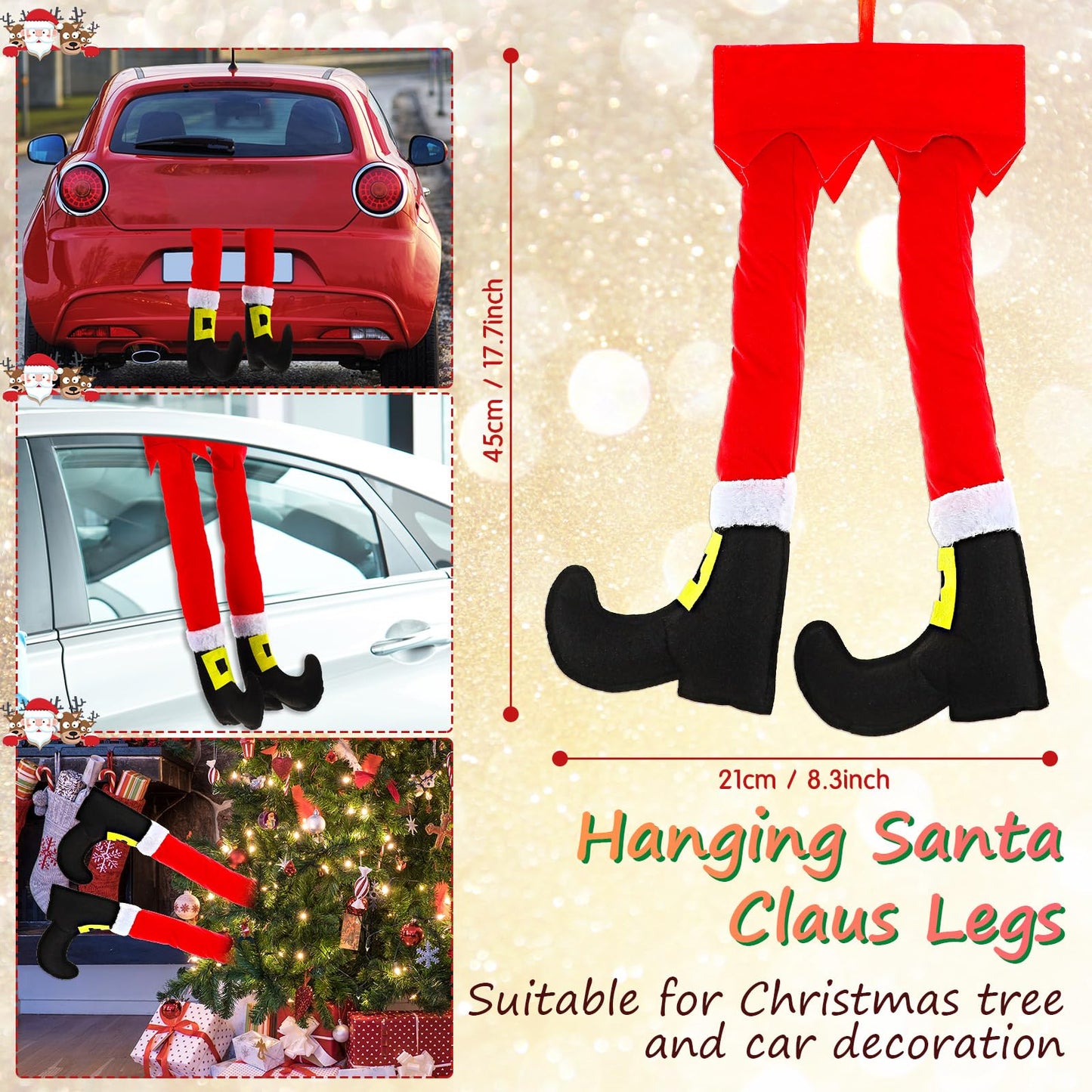 Frienda 2 Pcs Car Reindeer Antler Kit Christmas Decorations with LED Lights Hanging Santa Claus Legs and Deer Nose Star Candy Canes Auto Accessories for Christmas Car Decorations (Cute Style)