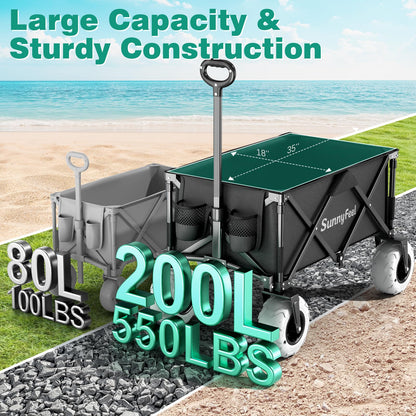 SUNNYFEEL Heavy Duty Beach Wagon with Big Wheels for Sand, 550LBS Capacity, 200L Beach Cart with Adjustable Handle, Foldable Wagon Cart for Camping, Garden, Shopping (Black)