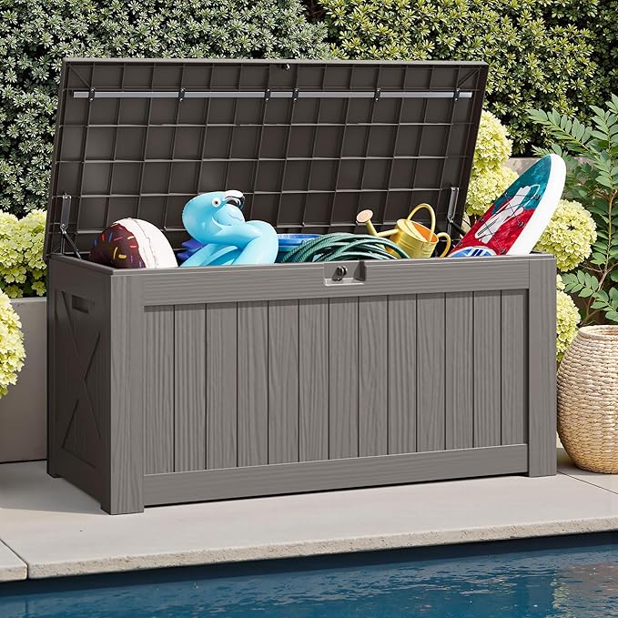 JUMMICO 120 Gallon Resin Deck Box, Large Outdoor Storage Box Waterproof & Lockable for Garden, Patio, Pools (Light Brown)