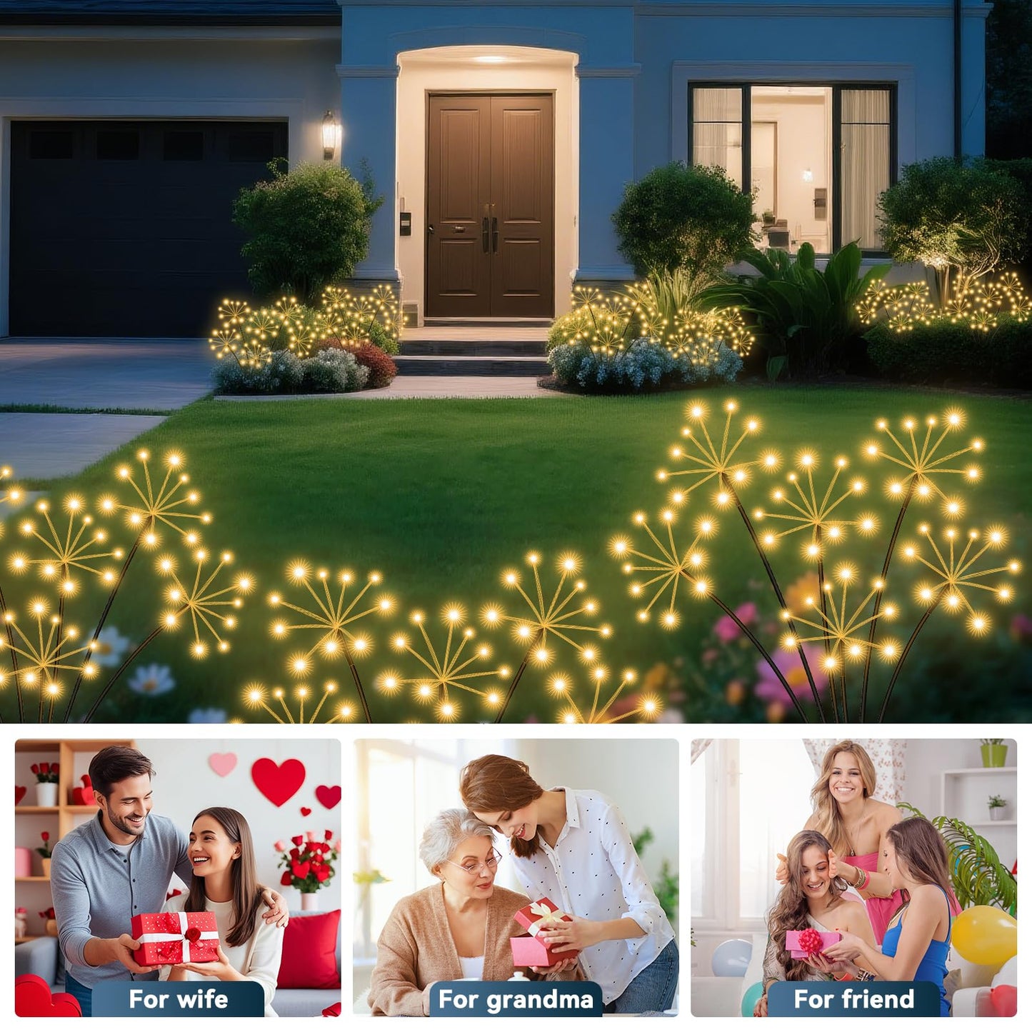 Solar Garden Lights 2 Pack Waterproof Swaying Starburst Light Solar Outdoor Lights for Yard Patio Walkway Pathway Party Wedding Decoration, Unique Gifts for Women, Warm White