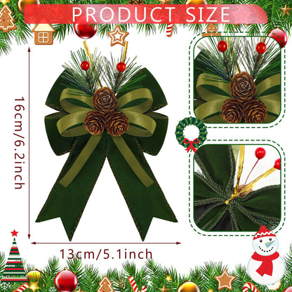 Syhood 6 Pcs Christmas Bows with Pine Cones Pine Needles Xmas Velvet Bows Sage Green Ribbon Christmas Tree Wreath Decoration for Xmas Parties Indoor Outdoor Crafts DIY Decor