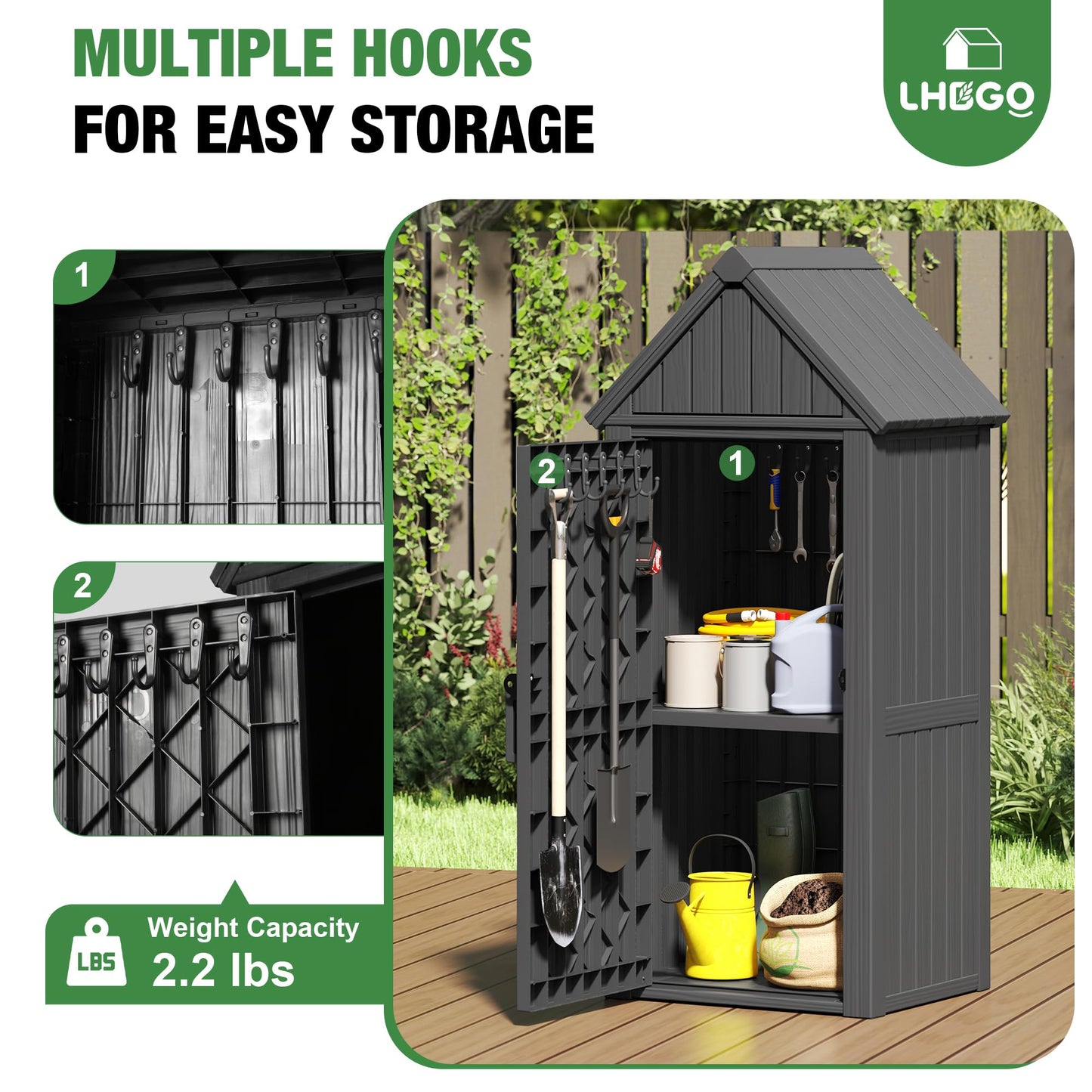LHBGO Outdoor Storage Shed with Door & Shelf, Large Capacity Weatherproof Garden Tool Cabinet with Multiple Hooks for Backyard, Patio, Lawn（Black