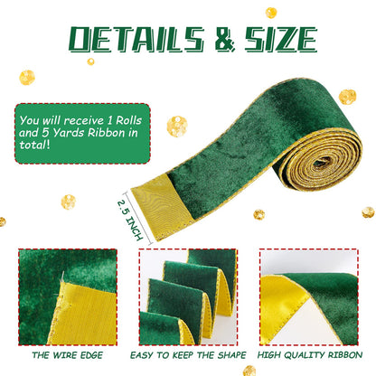 Green Wide Velvet Ribbon Wired for Christmas Tree, Garland, Wreath, 2.5 Inch 5 Yards