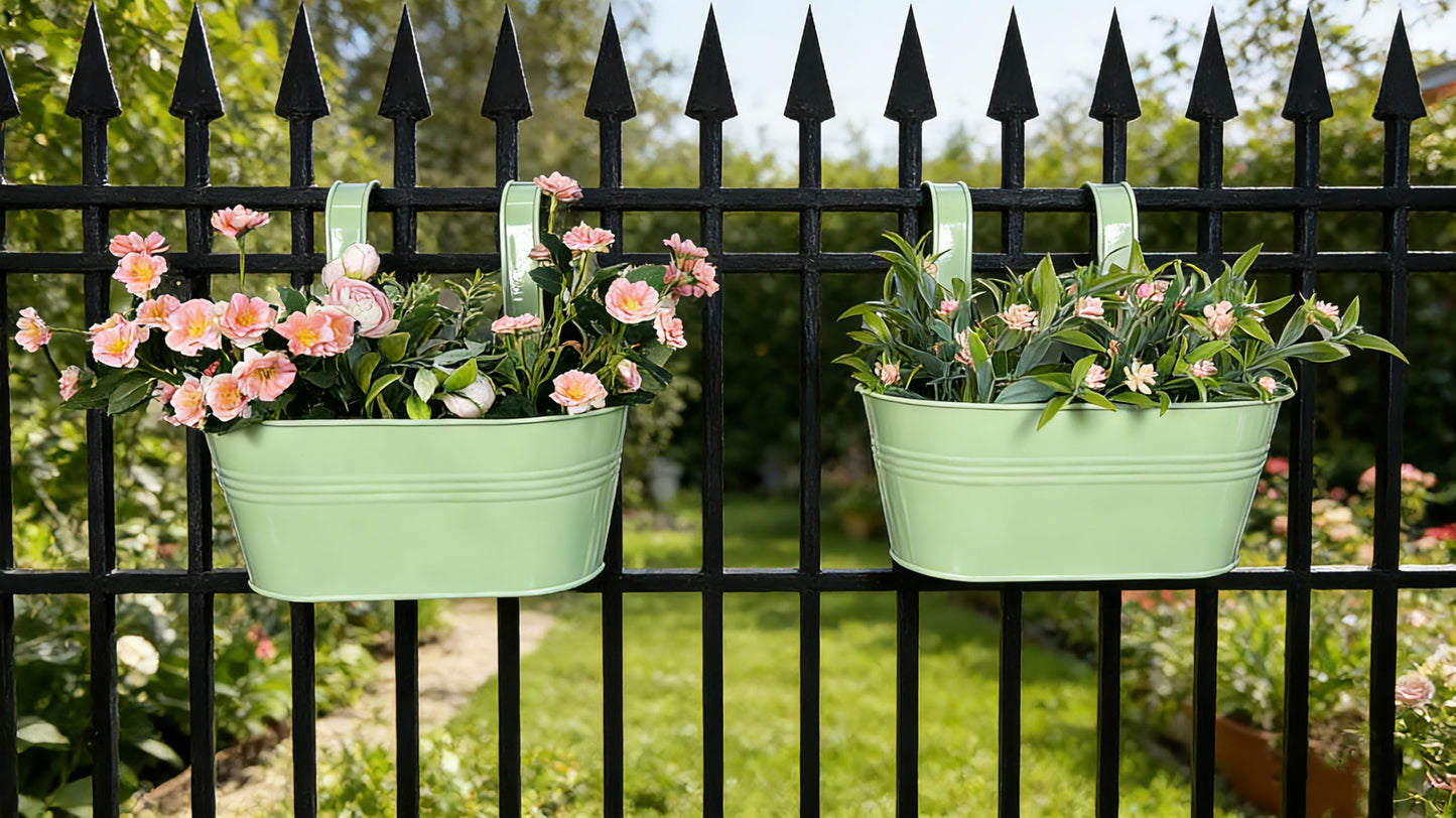 Joyfernal Balcony Hanging Planters Flower Pots, 10" Metal Flower Pots for Outdoor Balcony Rails, Fence Pot Hanging Plant Holders with Detachable Hooks for Garden Patio Yard Decor (Mint Green, 2Pcs)