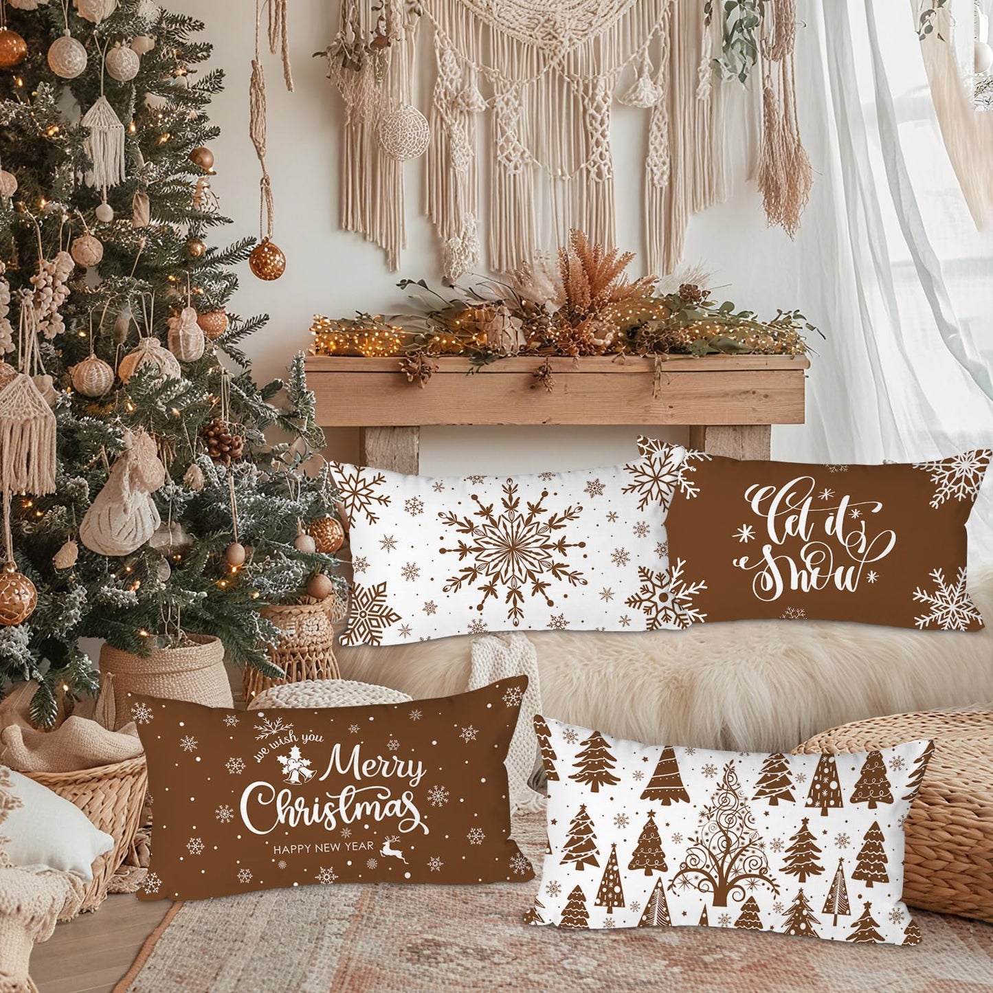 Lanpn Christmas Throw Pillow Covers 12x24 Set of 4, Merry Christmas Winter Xmas Snowflake Decorative Holiday Cushion Pillow Cases 12 x 24 for Outdoor Indoor Farmhouse Home Room Couch Decor (Brown)