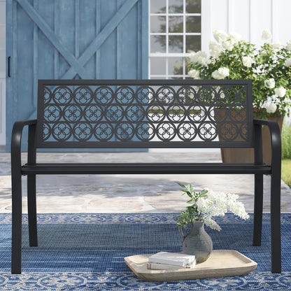 Maemttes 50" Outdoor Bench, Metal Weatherproof Garden Bench Cast Iron Heavy-Duty Patio Bench with Decorative Backrest for Proch Park 880lb Capacity