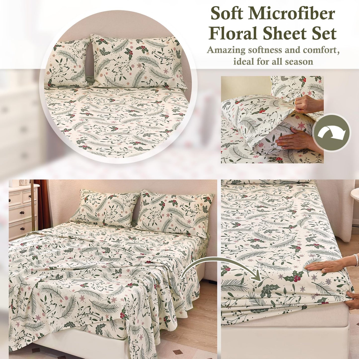MICORAL Boho Floral Queen Sheet Set, 4-Piece Printed Botanical Bed Sheets, 16" Deep Pocket, Ultra Soft & Cooling Sheet, Oeko-TEX Certified, Beige Plants