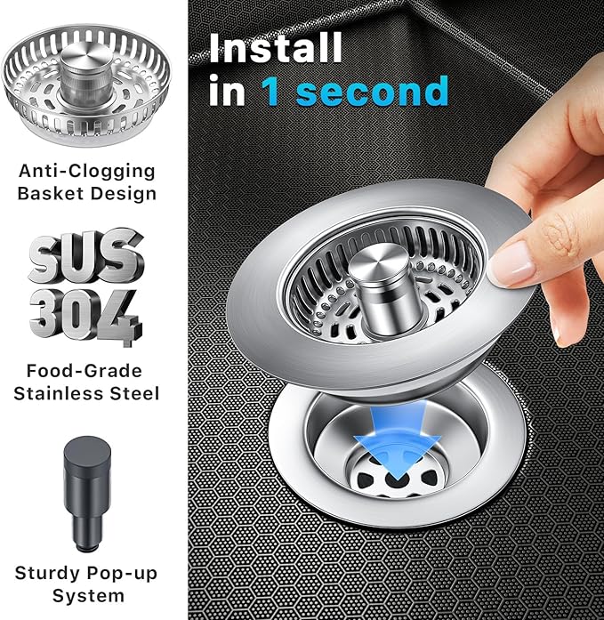 1S-Install Upgraded Kitchen Sink Strainer & Stopper – Pop-Up Fast Drain