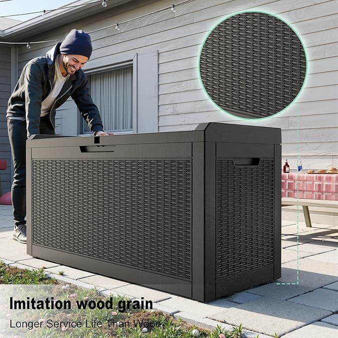DRATO 60 Gallon Deck Box, Waterproof Resin Large Outdoor Storgae Box for Patio Furniture, Patio Cushions, Gardening Tools, Pool Supplies, Lockable（Black，60 Gallon）