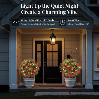 Lewondr Artificial Red Flowers Boxwood Topiary Ball with LED Lights,23.6'' Artificial Shrub Bushes with Ground Spike,UV Resistant Faux Greenery Shrubs,Fake Plants for Indoor Outdoor Garden Patio Decor