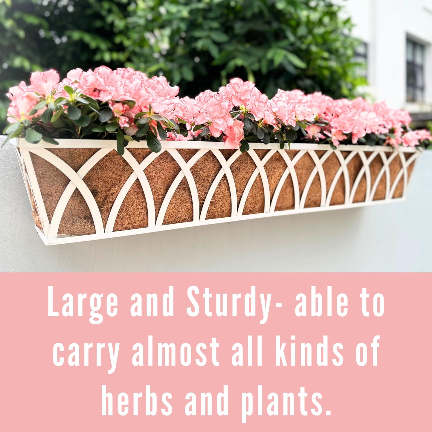 LaLaGreen Wall Planter Outdoor (48 inch, 2 Pack) White Metal Rectangular Hanging Flower Box Planters with Coco Liner Window Boxes Basket Plant Holder Horse Trough Deck Rail Railing Patio Porch Balcony