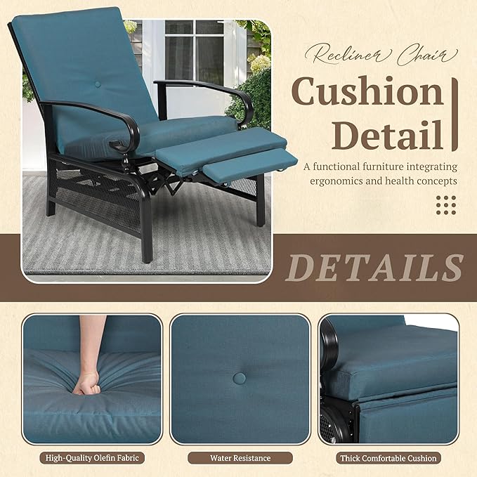Oakcloud Adjustable Outdoor Lounge Chair Metal Patio Relaxing Recliner Chair Set with Bistro Table and Removable Cushions(Peacock Blue)