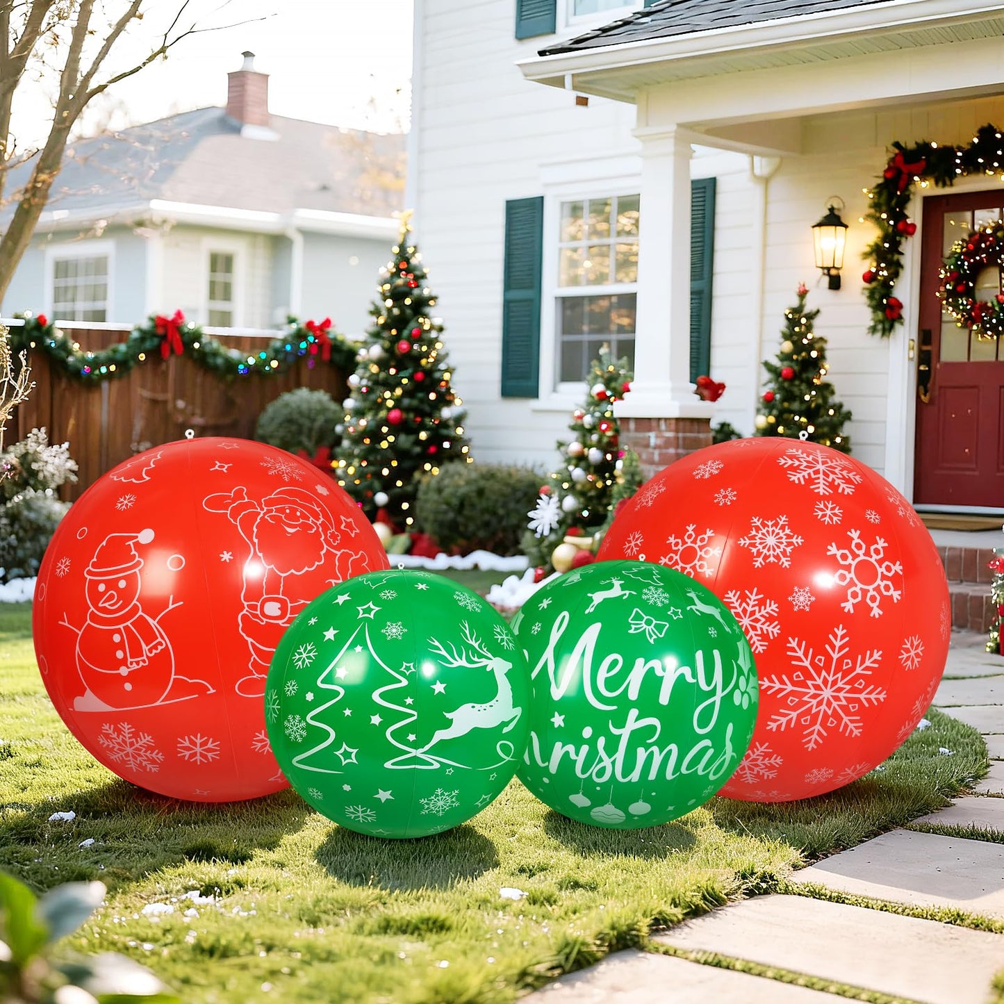 TaoQ C 4 PCS 32 Inch, 24 Inch Christmas Inflatable Balloons PVC Large Christmas Inflatable Outdoor Balls for Xmas Garden Lawn Yard Holiday Front Door Decoration