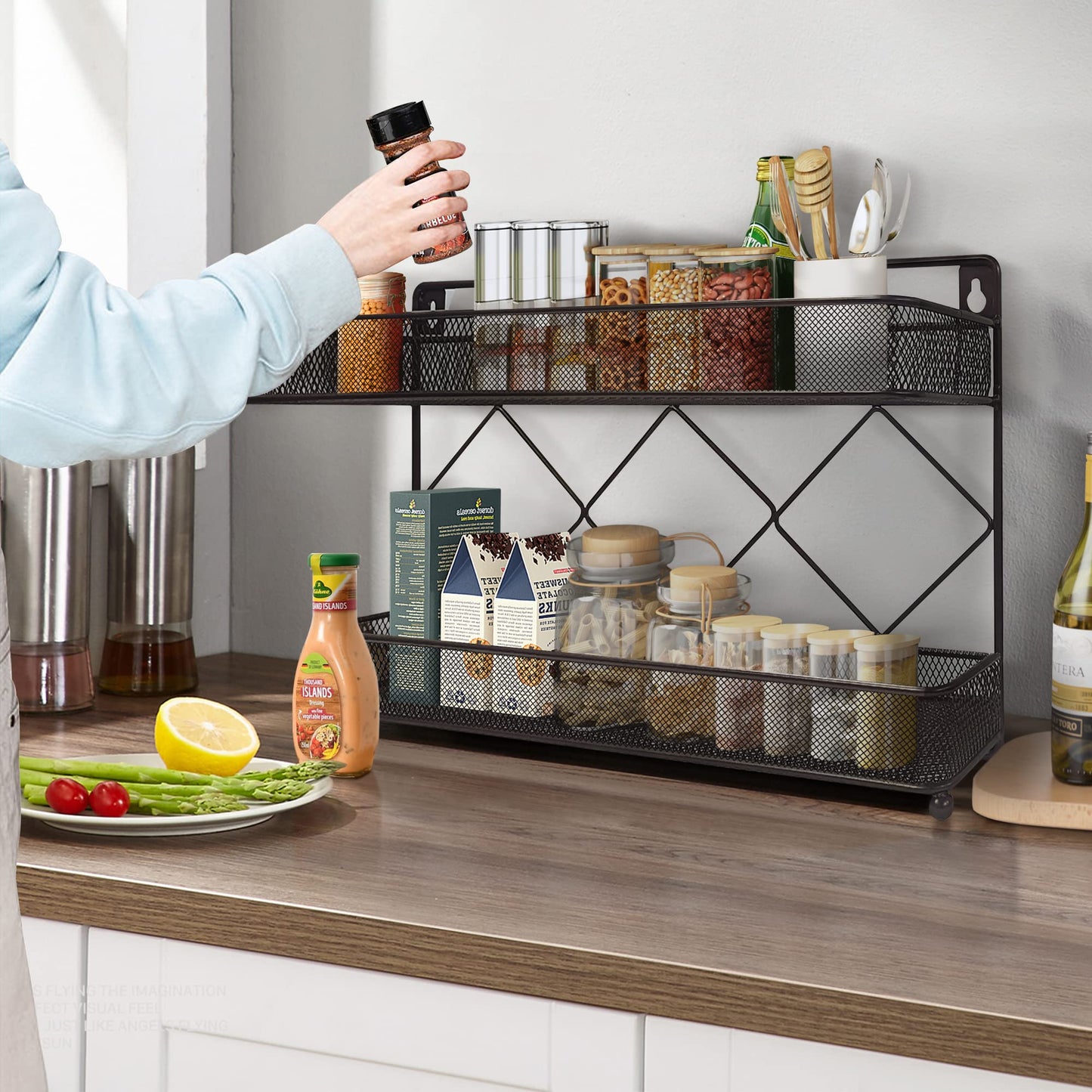 Megier 2 Tier Metal Kitchen Counter-top or Wall Mount Spice Rack, Jars Storage Organizer, Cabinet Holder, spice seasoning organizer for Partry (Bronze)