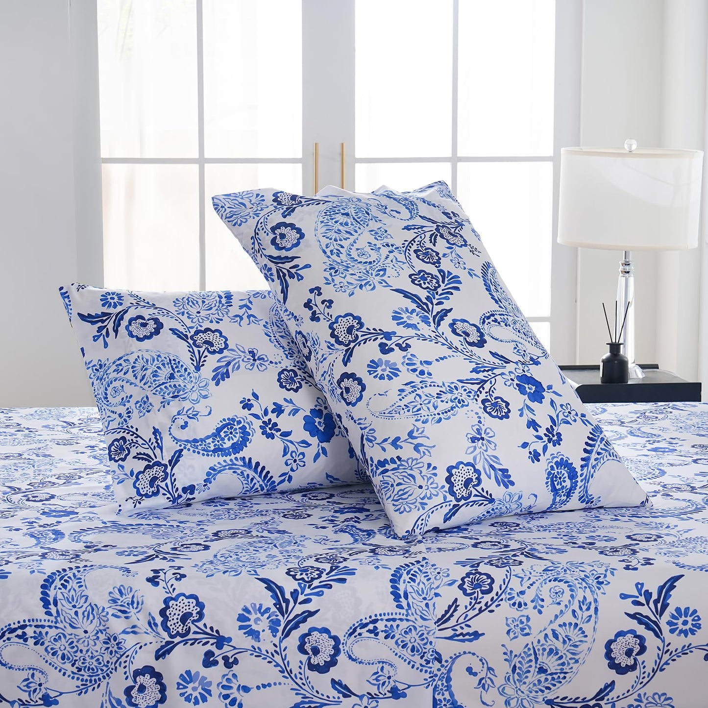 Yibeizi Queen Sheet Set Deep Pocket Queen Size Blue Floral Bed Sheets Set, Paisley Printed Soft Microfiber Oeko-Tex Sheets & Pillowcases Hypoallergenic Wrinkle Free Bedsheets