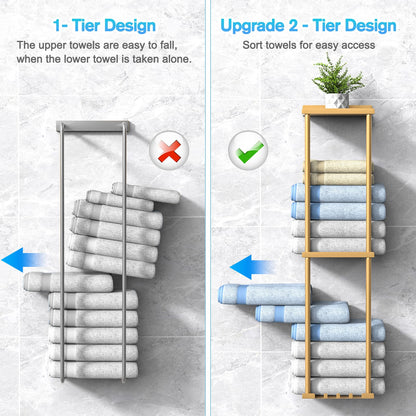 Liuoud Towel Rack for Bathroom, Wall Mounted Vertical Rolled Towel Storage Organizer Holder with Shelf, Holds Up 6 Large Bath Sheets, Gold