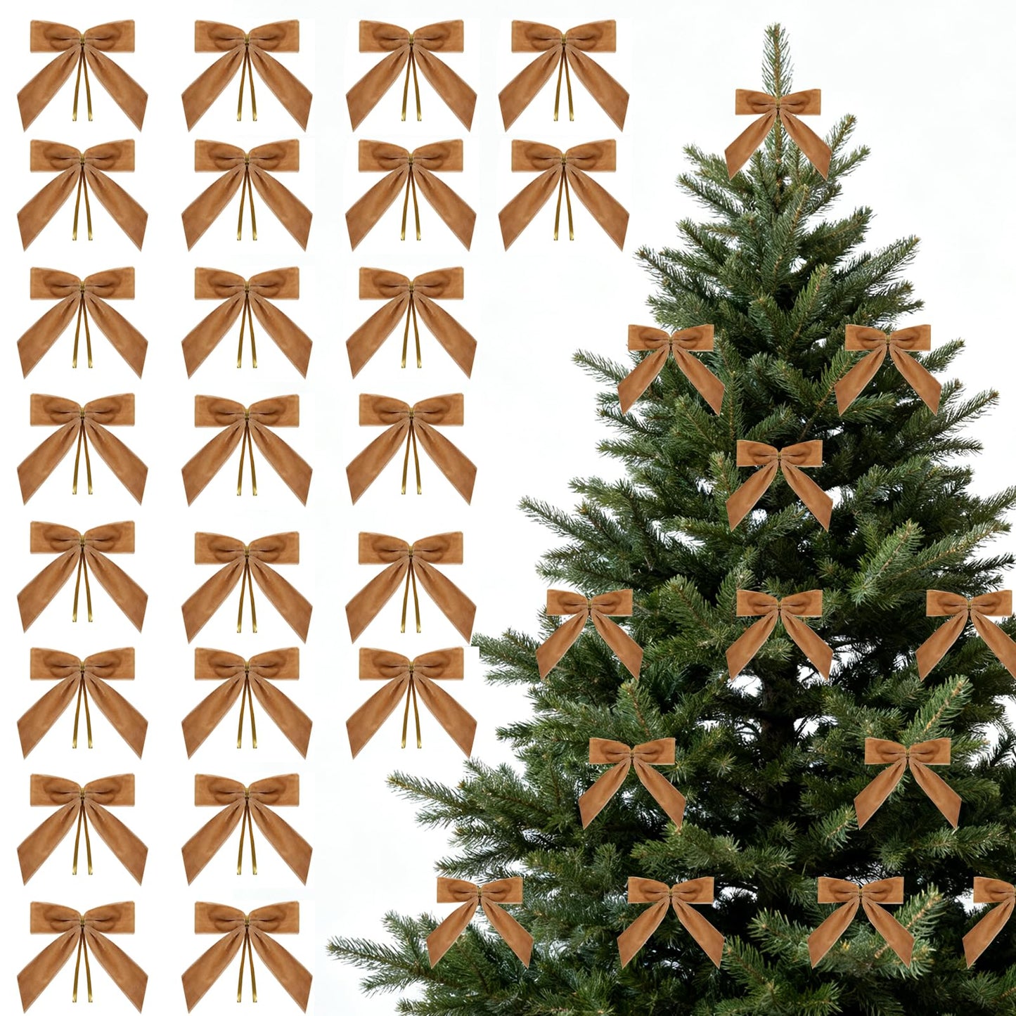 Doacpcr 24 Pcs Small Brown Velvet Bows for Valentines Day Decorations, 3.5 Inch Xmas Khaki Velvet Bow Ornaments for Farmhouse Tree Wreath Garland DIY Craft Gift Wrapping